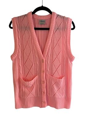 Vintage Empire Brand Classic Bright Pink Knit Button-Up Feminine Sweater Vest-S